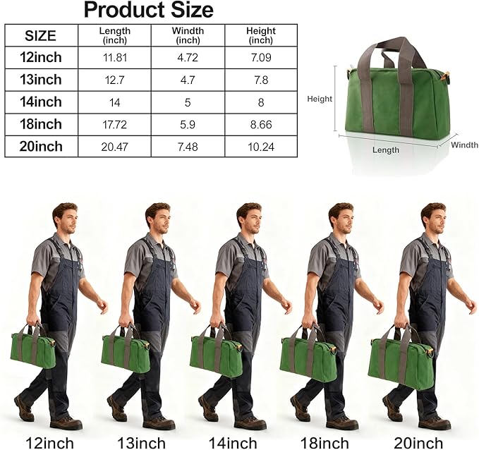 Small Tool Bag, Canvas Tool Storage Bag, Large Capacity Multipurpose Zipper Soft Tote Organizer Pouch for Electrician, Plumbing, Gardening,Tools Bags for Men (Green, 20 Inch)
