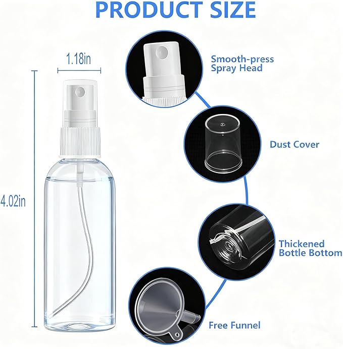 4 Pack 1 Oz (30ml) Mini Spray Bottles Clear Travel Size Spray Bottles Leak Proof with Funnels and Labels