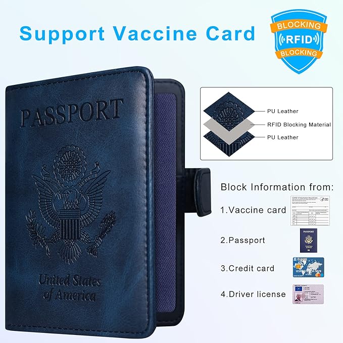 ACdream Blue Unisex Passport and Vaccine Card Holder, RFID Blocking, Faux Leather, 20 in