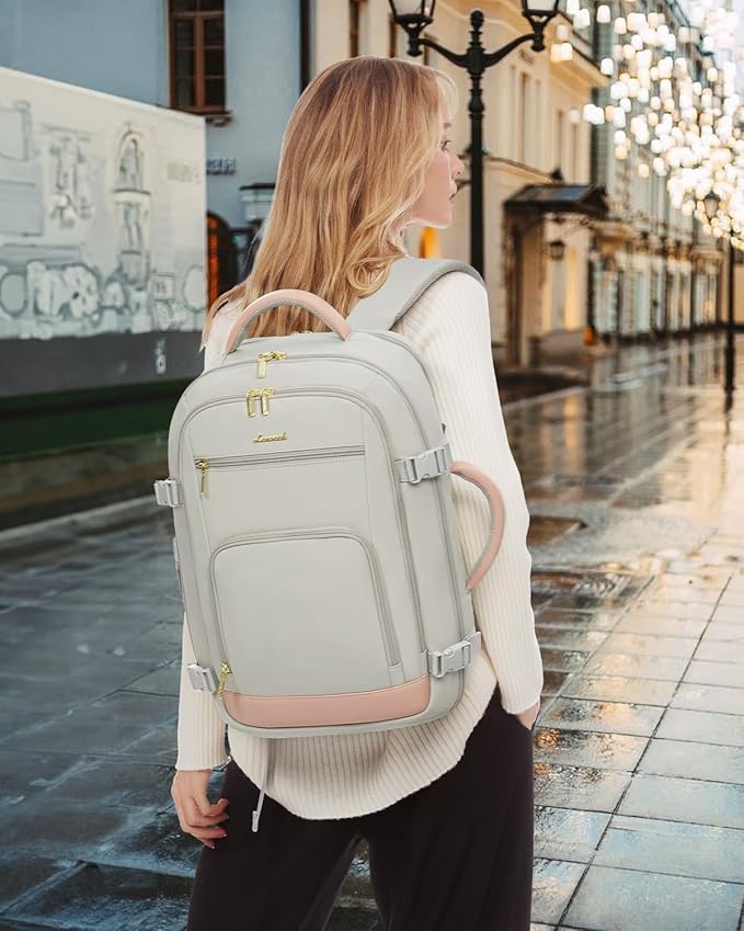 LOVEVOOK Travel Backpack for Women, 50L Carry On Backpack Flight Approved with Garment Bag, Personal Item Travel Bag Fit 17 Inch Laptop, Business Weekender Overnight Daypack With 2 Cubes, Pink-Grey