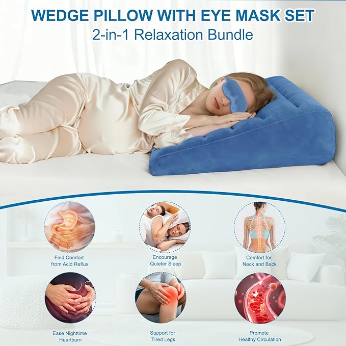 Portable Inflatable Wedge Pillow for Sleeping - Inflatable Back Pillow with Eyes Mask for Sleeping Upright,Knee Wedge Cushion for Traveling,Back Bed Headrest for Leg Elevation,Snoring-25x24x8"