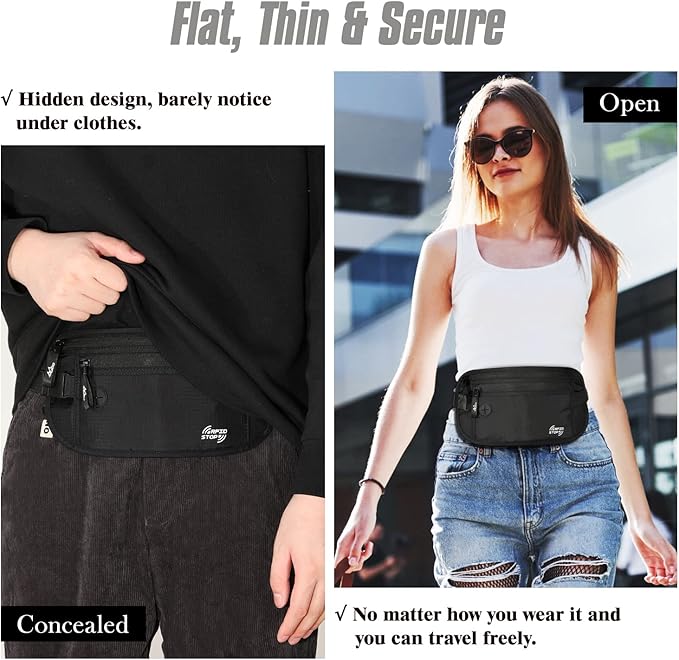 MoKo Secure Travel Money Belt, Undercover Hidden RFID Blocking Travel Wallet, Anti-Theft Passport Wallets for Men Women