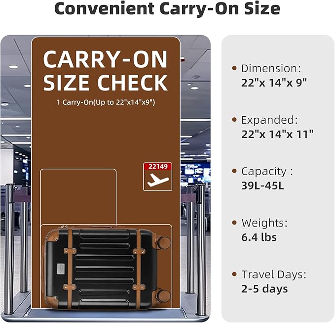 LARVENDER Carry On Luggage 22x14x9 Airline Approved with Spinner Wheels, Expandable 20 Inch Luggage with TSA Lock, Hard Shell Carry On Suitcases for Women Men, Black