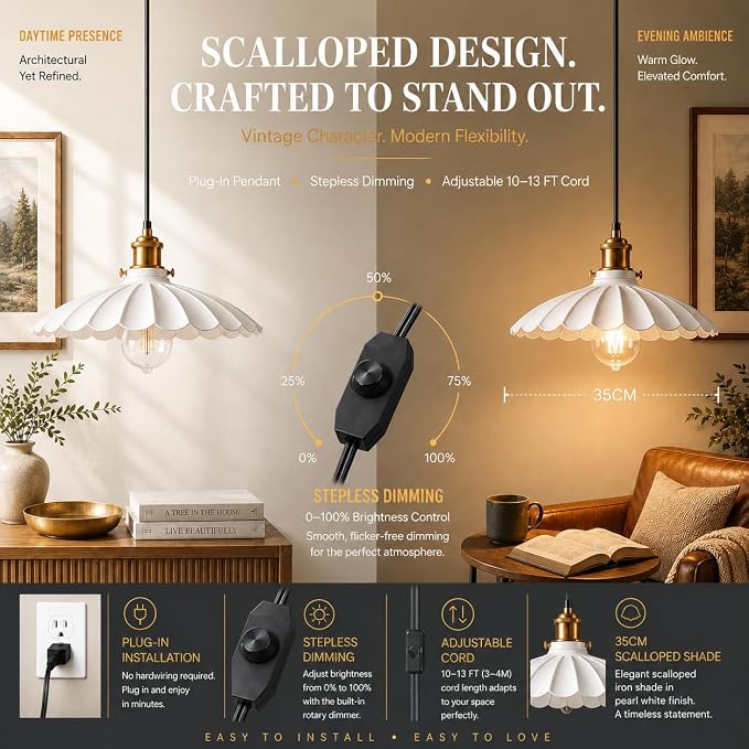 Plug in Pendant Light 13.8 Inch Round Metal Shade Vintage White Pendant Light for Kitchen Island 13Ft Adjustable Dome Industrial Hanging Lamp Living Room