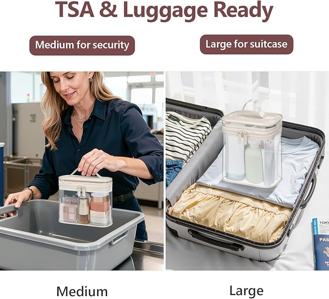 PACKISM Clear Toiletry Bag Combo Pack - 1 TSA Approved Medium & 1 Large Makeup Bag for Checked Luggage, Clear PVC Travel Bag with Handle, Dual Metal Zippers, Water Resistant Large Opening, Beige