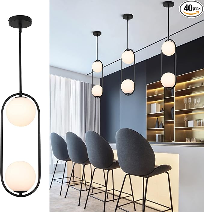 SeeU Modern Style Pendant Lighting Mid Century Pendant Light Fixture Hanging Lighting Fixture Vintage Style with White Globe Glass Lampshade Pendant Chandelier for Kitchen Island Dining Room Bedroom