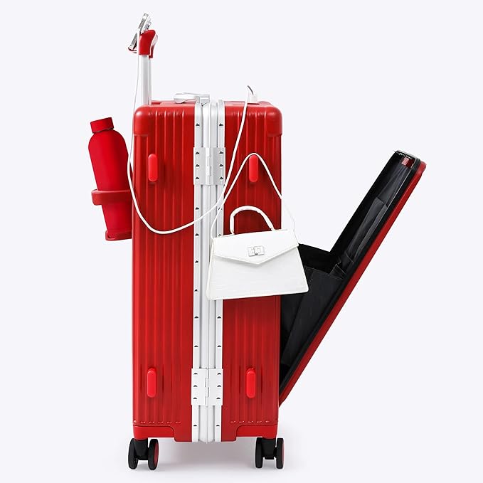 Nobl Travel Zipperless Check In Suitcase - Aluminum Frame, Medium Check In luggage 27x17.5x10.4 Airline Approved by Noble Travel - Polycarbonate Shell - TSA Locks, 360° Spinner Wheels - Cherry Red