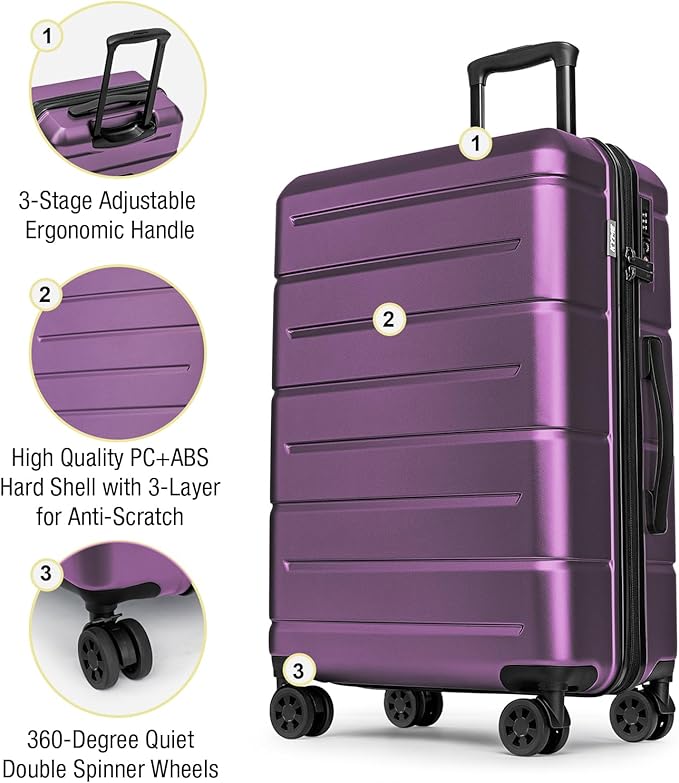 KYME Luggage Sets 2 Piece Suitcase Set Hardshell 20 inch/24 inch Luggage with Spinner Wheels Hardside PC+ABS Checked Medium Suitcase with TSA Lock for Women Dark Purple