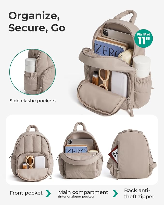 BAGSMART Mini Backpack for Women, Lightweight Puffer Small Backpack Purse, Quilted Casual Travel Daypack, Cute Water-Resistant Bookbag for Daily, Beige