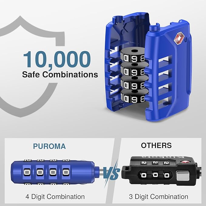 Puroma TSA Approved Luggage Lock, Multicolor 4 Digit Combination Travel Cable Locks Resettable Code Lock with Zinc Alloy Body for Suitcase, Backpack, Bag, Gym Locker (Black,Blue,Silver,Red-Violet)