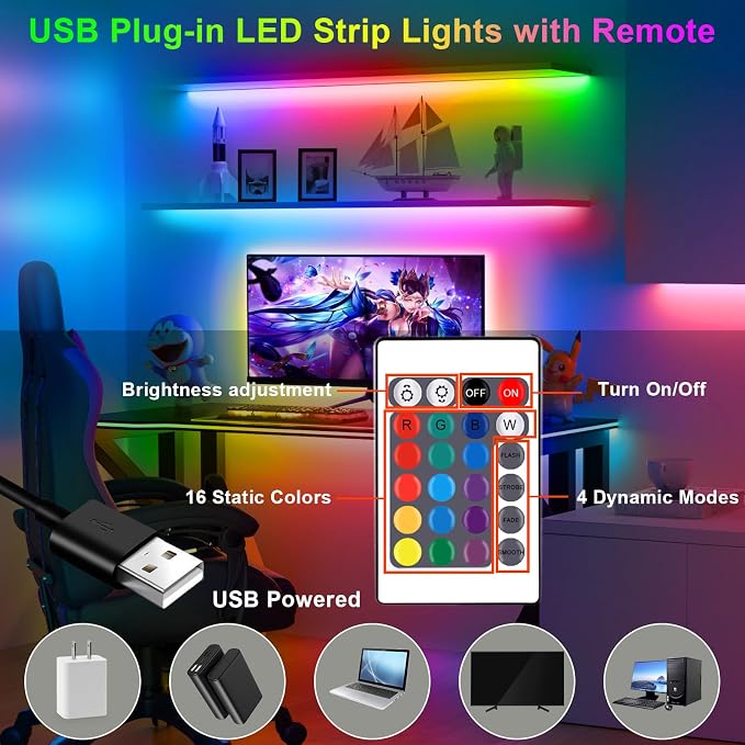 USB RGB LED Strip Lights Kit 2-Packs 6.56Ft IP65 Waterproof with Remote | Color Changing Strip Light for 40-60in TV LED Backlight, USB Powered LED Bias Lighting for Bedroom Home PC Monitor Desk Shelf