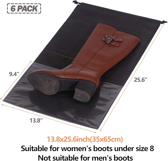 DIOMMELL Set of 6 Tall Boot Bags for Travel Non-Woven with Rope for Women Large Shoe Protector Cover Storage Organizers Pouch