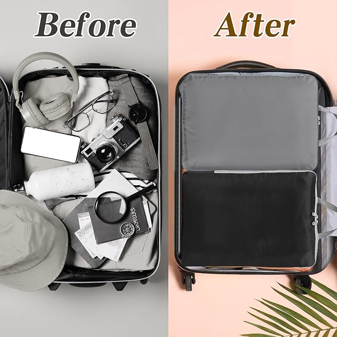 Hosuly 6 Pcs Ultralight Compression Packing Cubes for Travel 17.3 x 12.6'' XL Large Expandable Luggage Organizers for Save Space Family Long Trips (Black, Gray, Beige)
