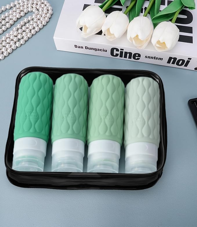 100 ml Silicone Travel Bottles for Toiletries with Labels/Clear Bag, Holiday Travel Essentials Leakproof Refillable Squeeze Travel Size Containers Set for Shampoo and Conditioner