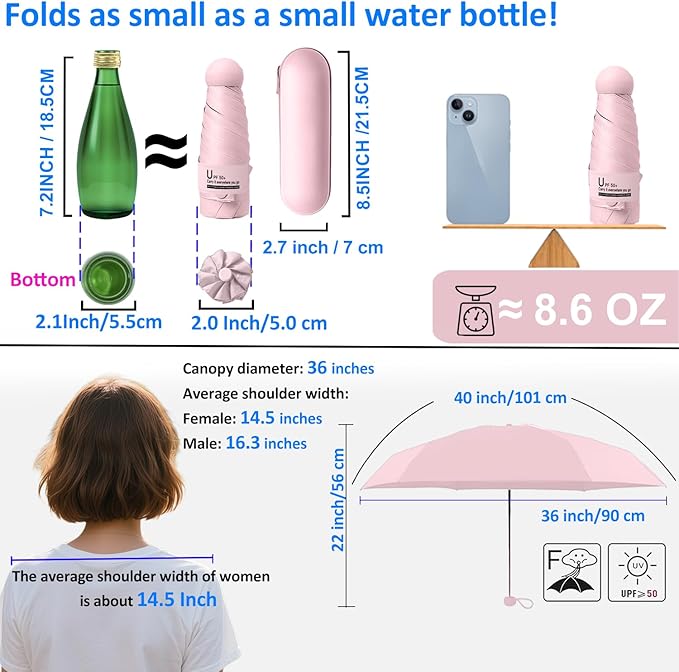 BAODINI Travel Essentials Mini Umbrella for Purse With Case Small Compact UV Sun Protection Lightweight Tiny Pocket Manual Open Close Umbrella for Women Kids and Men Fits Purse Backpack