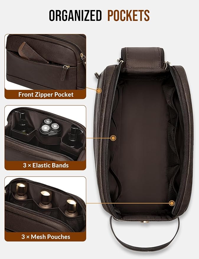 PU Leather Toiletry Bag for Men - Water Resistant Travel Bag for Toiletries, Bathroom Essentials, Accessories - Dark Brown