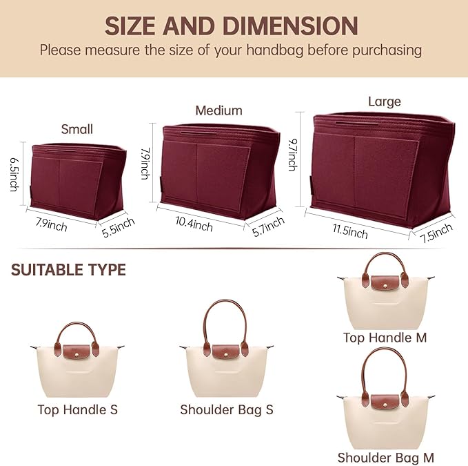 OPPOSHE Purse Organizer Insert for Longchamp Le Pliage, Premium Felt Long Champ Bag Handbag Women, Tote Organizer Insert with 9 Compartments (Large, Dark Red)