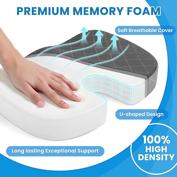 TushGuard Office/Car Seat Cushion, Non-Slip Sciatica & Back Coccyx Tailbone Pain Relief Chair Pad, Memory Foam Butt Pillow for Computer Desk, Wheelchair, Driving (Black&Grey, X-Large)