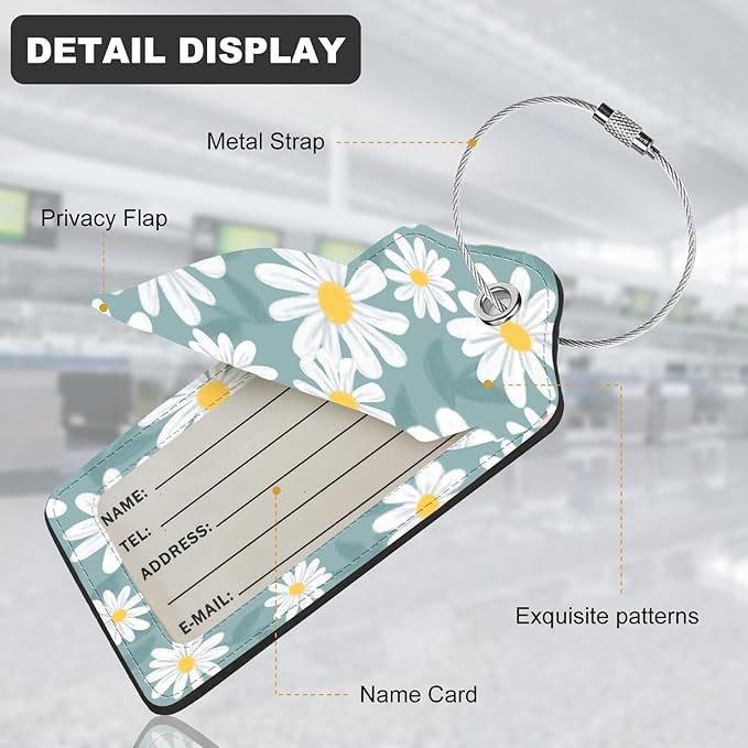 2Pack Luggage Tags for Suitcases, Cute Unique Pu Leather Cruise Luggage Tag with Privacy Cover ID Label Address Card and Metal Ring Suitable for Women Men Kids Travel Bag White Flowers 2