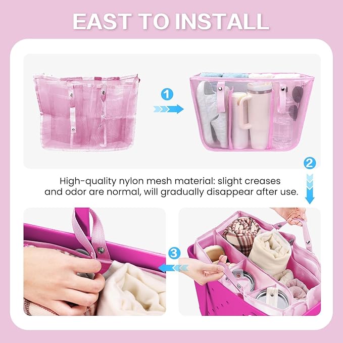 XYFuuee Beach Bag Organizer Inserts for Large Simple Modern Bag Accessories, with 8 Removable Metal Fasteners, Lightweight Mesh Insert Divider Pouch, Organizing Rubber Tote, Save Space, Pink