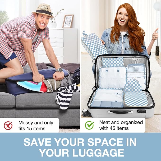 8 Set Packing Cubes for Suitcases,Packing Cubes with Shoe Bag, Cosmetics Bag, Clothing Bag, Accessories Bags Packing Cubes for Travel Luggage Organizer Women Men(Blue Checkered)
