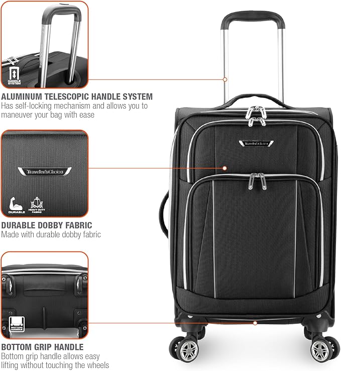 Traveler's Choice Lares Softside Expandable Luggage with Spinner Wheels, Black, Carry-On 22-Inch