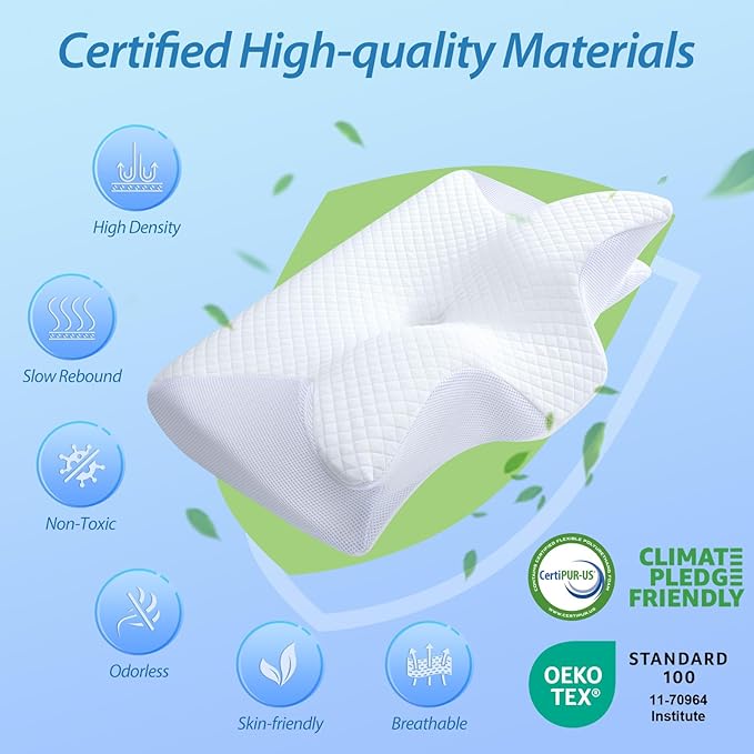 HOMCA Memory Foam Cervical Pillow, 2 in 1 Ergonomic Contour Orthopedic Pillow for Neck Pain, Contoured Support Pillows for Side Back Stomach Sleepers