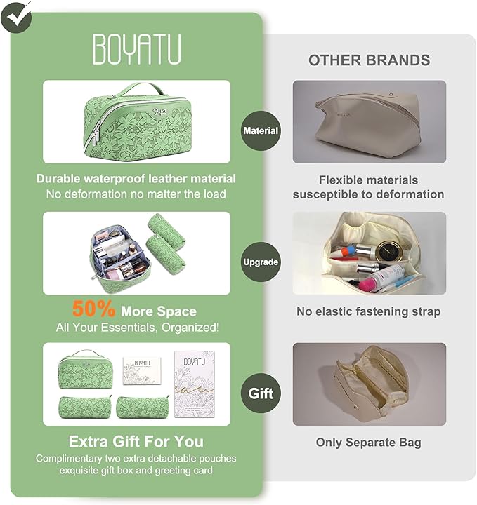 BOYATU Travel Makeup Bag Cosmetic Bags for Women: Large Capacity 3 Pcs Set Make up Bag with Compartments - Waterproof Vegan Leather Toiletry Organizer Bags with Handle (Z-65Light Green)
