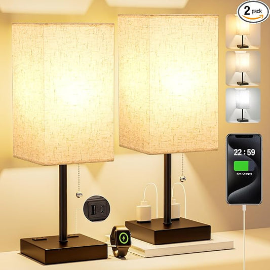 Bedside Lamp for Bedroom Set of 2 - Table Lamp for Nightstand | USB A+C Ports, AC Outlet, 3 Color Temperatures, LED Bulb Included, Pull Chain, 17" Rectangular Desk Lamp for Dorm, 2-Pack