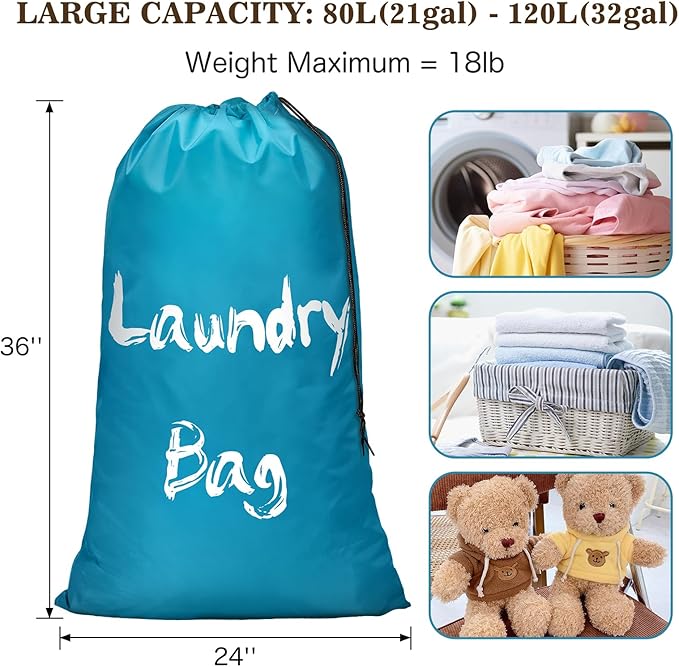 2Pcs XL Travel Laundry Bag for Dirty Clothes, Extra Large Heavy Duty Organizer with Drawstring, Cruise Ship Camping Travel Road Trip Vacation Essentials Must Haves 2024 for Kids Girl (Blue + Blue)
