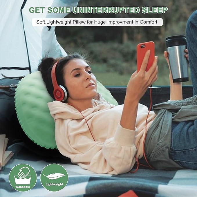 Ultralight Inflatable Camping Pillow with Soft Cover, Compact Compressible Portable Travel Air Pillow, Blow Up Camp Pillows for Outdoor Camp Sport Hiking Backpacking Travel Essential Green