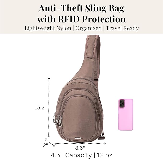 Baggallini Securtex® Anti-Theft Multi Zip Sling - Lightweight 8.6"x15.2" Travel Bag with Locking Zippers & RFID Protection