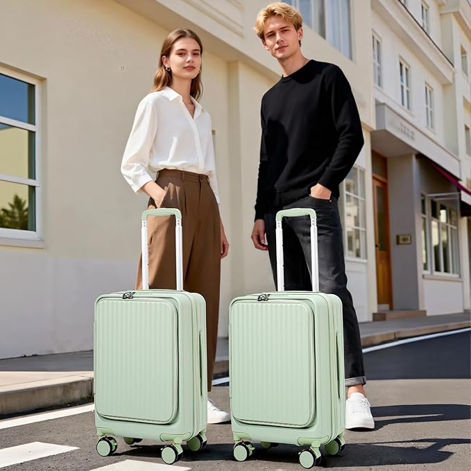 20 Inch Top Opening Carry On Luggage 22x14x9 Airline Approved Expandable With Spinner Wheels & Cup Holder,PC Hard Shell Lightweight Small Shitcase With Tsa Approved For Travel Women Men,Green
