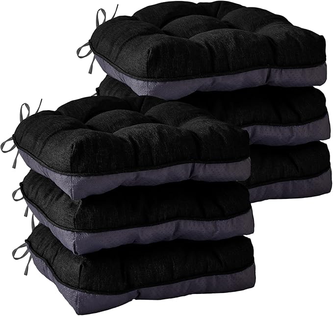 Chair Cushions for Dining Chairs, Seat Cushions for Kitchen Chairs, Indoor Seat Cushions with Ties, Tufted Foam Chair Pads, Non Slip Chair Cushions Set of 6, 15.5" x 15.5" x 4", Black