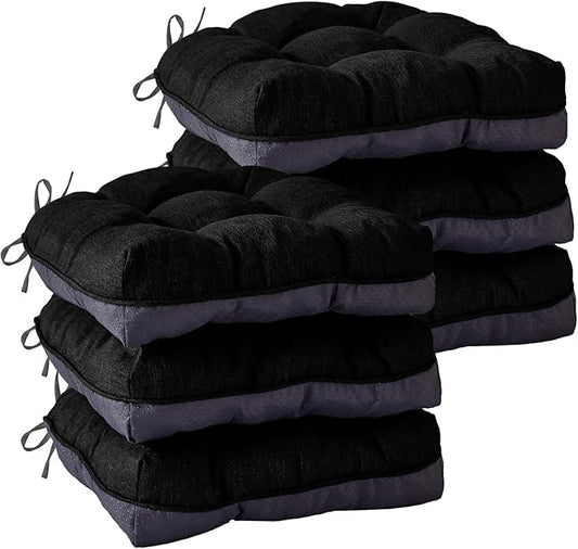 Chair Cushions for Dining Chairs, Seat Cushions for Kitchen Chairs, Indoor Seat Cushions with Ties, Tufted Foam Chair Pads, Non Slip Chair Cushions Set of 6, 15.5" x 15.5" x 4", Black