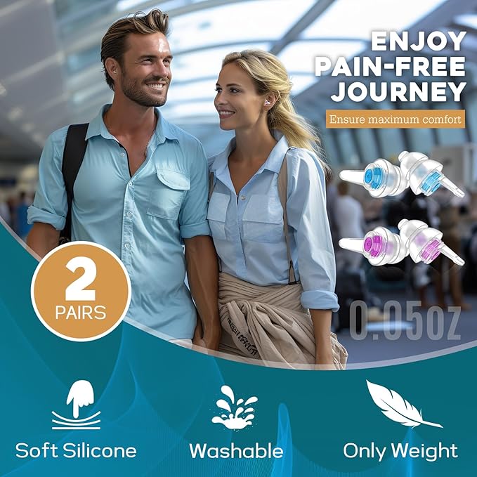 Airplane Ear Pressure Relief Ear Plugs with Cord, Prevent Ear-Pain & Noise Reduction, Plane Travel Essentials Pressure Equalizing Earbuds, 100x Reusable Comfy Earplugs for Adults Kids 12+