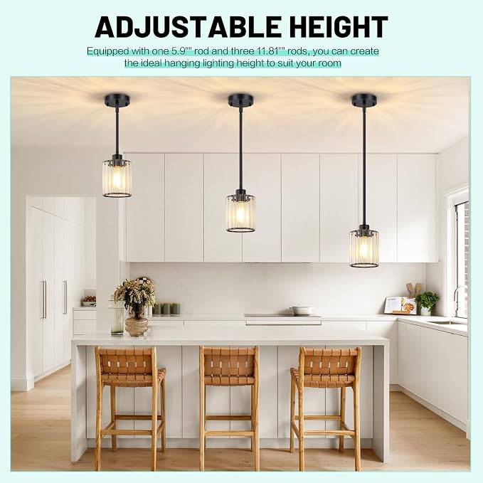 3 Pack Pendant Light Fixtures, Modern Black Pendant Lights Kitchen Island, Mini Pendant Lighting with Crystal Shade, Adjustable Hanging Light Fixtures for Entryway Bedroom Hallway
