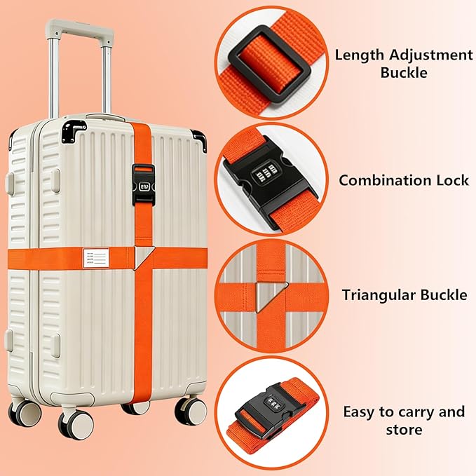 Luggage Straps for Suitcases,Travel Luggage Straps with Lock and Luggage Tags,Suitcase Strap,Adjustable Bright-Colored Travel Belt for Travel Suitcase Bag Closure Accessories.(Orange)