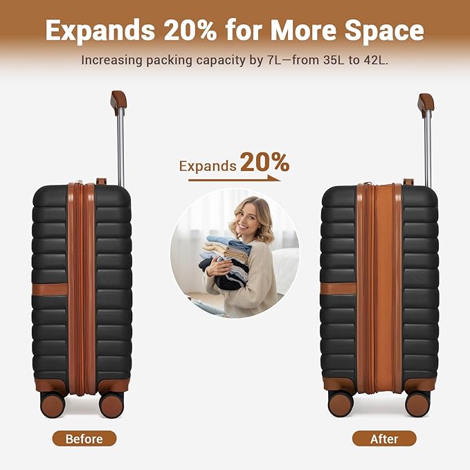 Kono Expandable Carry On Luggage 22x14x9 Airline Approved with Spinner Wheels, 20 Inch Durable PC+ABS Hardshell Travel Suitcase Rolling Luggage with Lock, Black/Brown