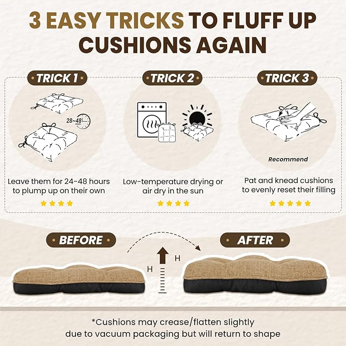 downluxe Indoor Chair Cushions for Dining Chairs, Tufted Overstuffed Textured Kitchen Chair Pads with Ties and Non-Slip Backing, 15.5" x 15.5" x 4", Taupe, 4 Pack