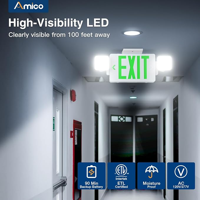 Amico 4 Pack Commercial Green Double-Sided Exit Sign with Large LED Light | ETL Certified, Two Large Adjustable LED Heads, Wall/Ceiling Mount, 120/277V AC, 90 Min Backup for Commercial Use