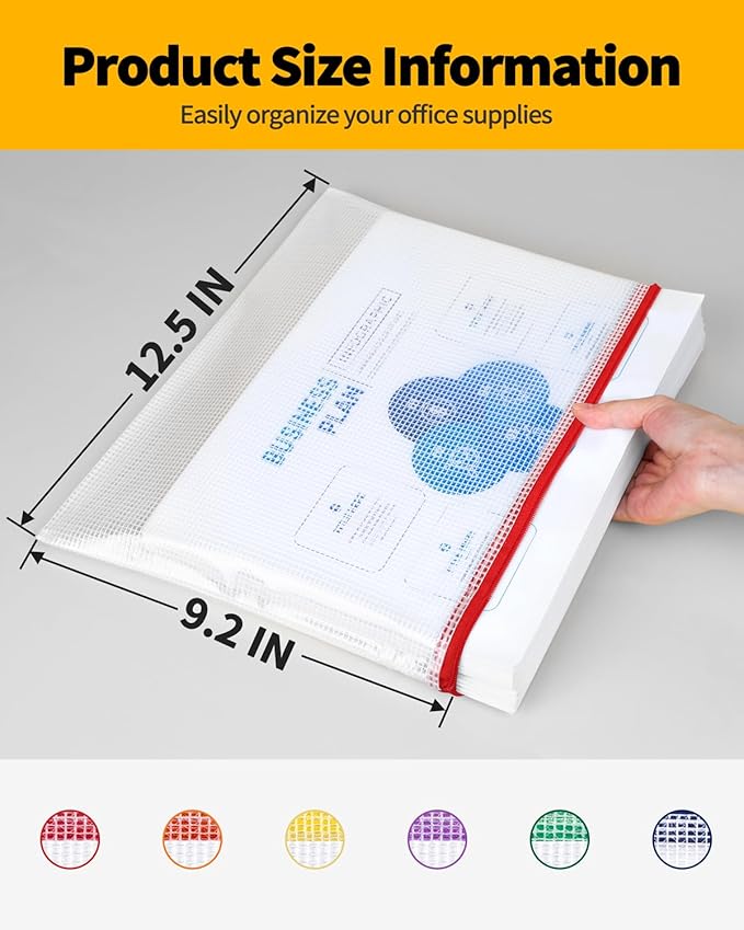 SUNEE Plastic Mesh Zipper Pouch 9.2x12.5 in (6 Colors, 12 Packs),Extra Large Water-Resistant Zip Bag for School Office Supplies, Puzzles & Games Organizing Storage