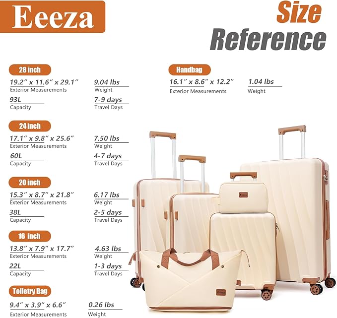 Luggage Sets 6 Piece Suitcases with Wheels,ABS Hard Case Suitcases with Spinner Wheels,Durable Travel Luggage(Beige, 6 Piece Set(16"/20"/24"/28))