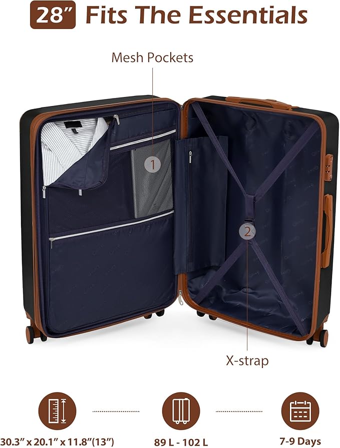 Coolife Luggage, Suitcase with Durable and Lightweight, Large Checked Luggage with ABS Hardshell Expandable, Dual Spinner Wheels, TSA Lock, and YKK Zipper (apricot black, L(28in))