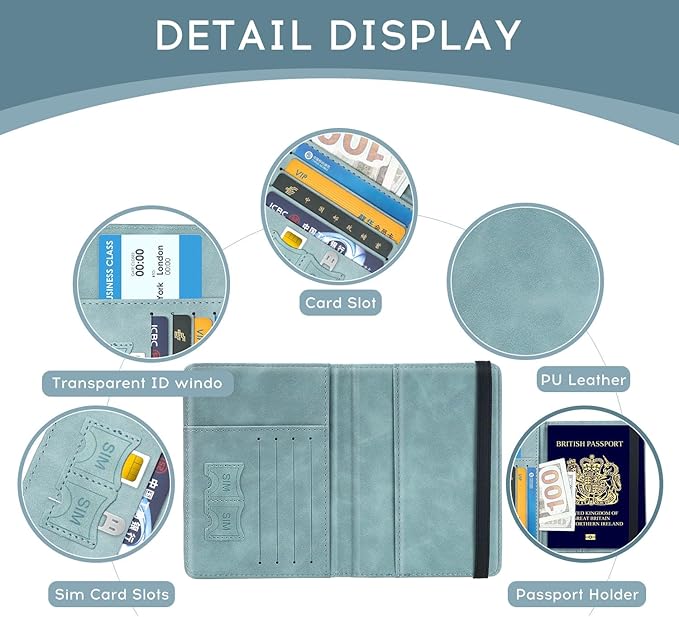 ILIYAH-Passport Cover-Passport Holder Travel Wallet-RFID Blocking Passport Case Travel Accessories Card Holder Wallet Unisex Travel Gifts (Blue)