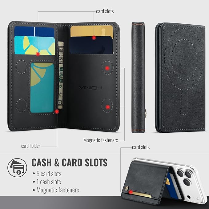 Vinich for MagSafe Wallet Magnetic RFID Blocking Card Holder Compatible with MagSafe Phones and Cases, Strong Magnet Minimalist Phone Wallet for iPhone 17/16/15/14/13/12/ Pro/Max/Plus, Vintage Black