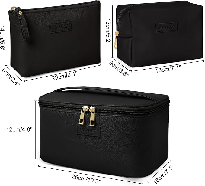 MAANGE Makeup Bag - Large Cosmetic Bag with 2pcs Small Makeup Bags Portable Leather Travel Makeup Bag Set Toiletry Bag Make Up Bags for Women and Girls (Black)