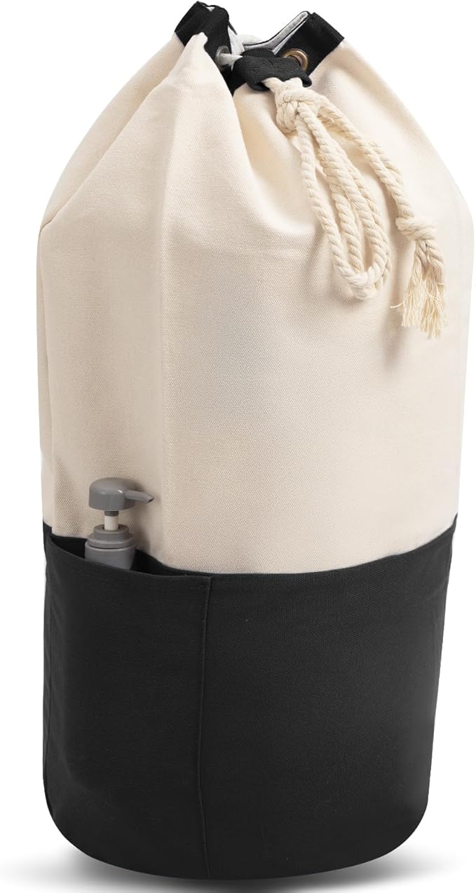 Black single-shoulder backpack-style laundry bag made of durable canvas material with a drawstring closure design, suitable for use at university, camping, laundromats, and apartments.