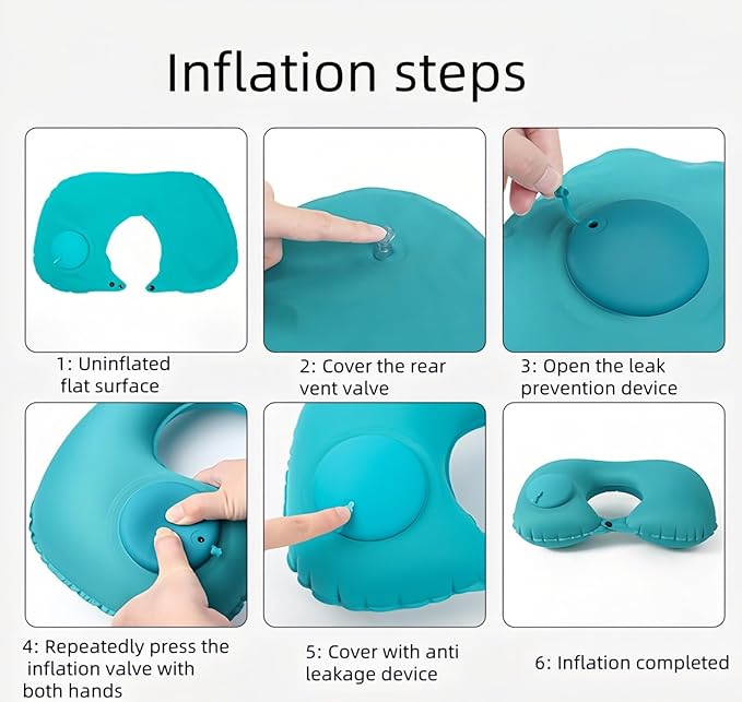 18-30s Quick Inflate /Deflate Neck Pillow for Travel - Adjustable Cervical Support with Dual Buckles, Breathable Milk Silk, Compact Portable Design Breathable Milk Silk ,Turquoise,15.7x11 inches