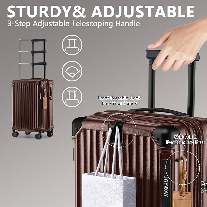 Joyway 20in Carry On Luggage with Cup Holder and USB Port, 25% Expandable Capacity, Smart Suitcase Set with Anti Slip Wheels and Handbag, Perfect for Men and Women (Coffee, Carry-On 20-Inch Handbag)